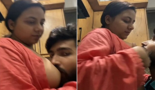 Wife feeding boobs to husband in open night dress
